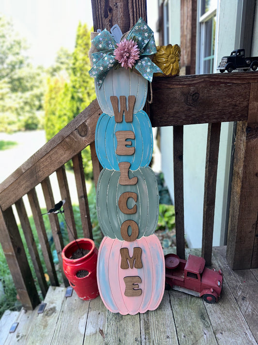 Stacked Wooden Pumpkin Porch Leaner Welcome