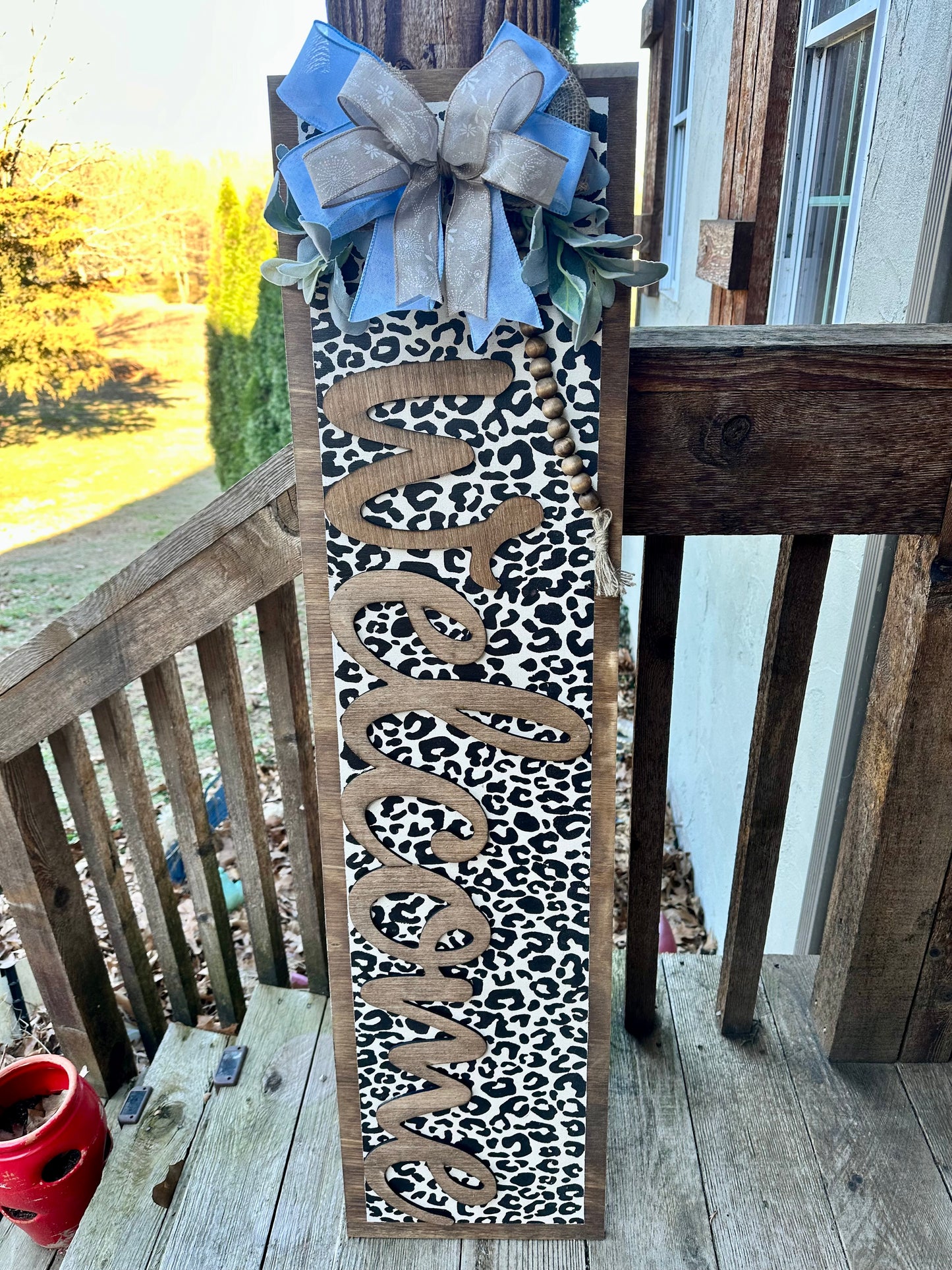 Welcome Leopard (Black-Rustic White) Porch Leaner