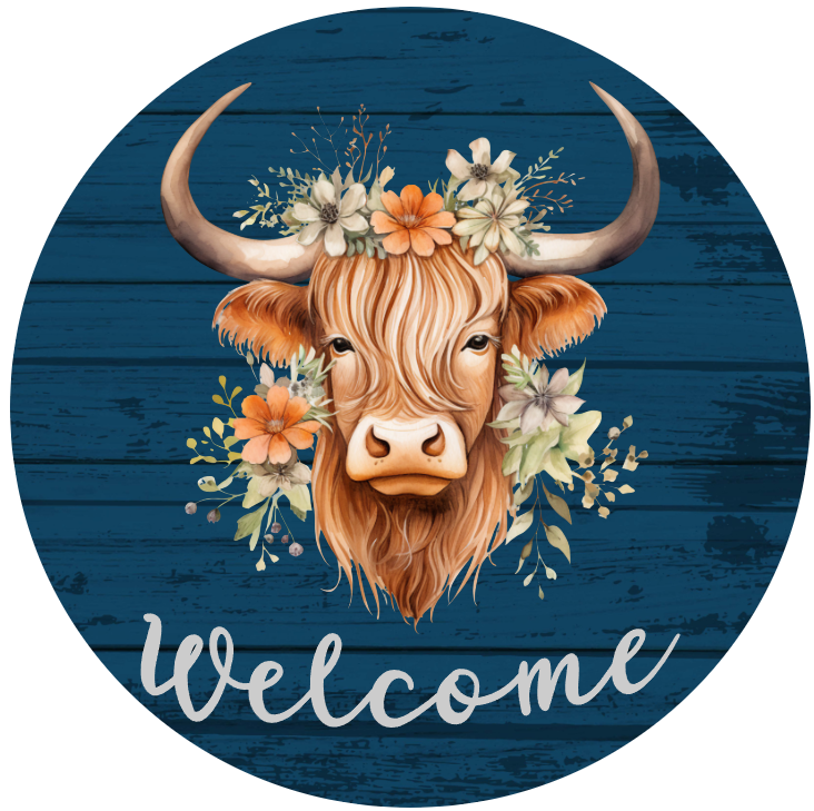 Highland Cow Welcome Metal Sign (Royal Blue)