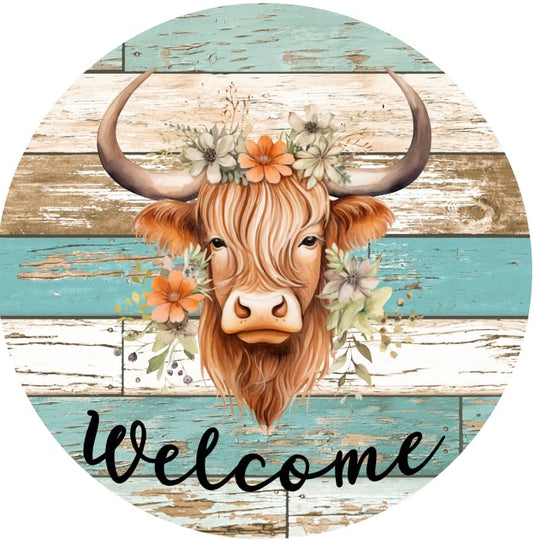 Highland Cow Welcome Metal Sign (Turquoise)